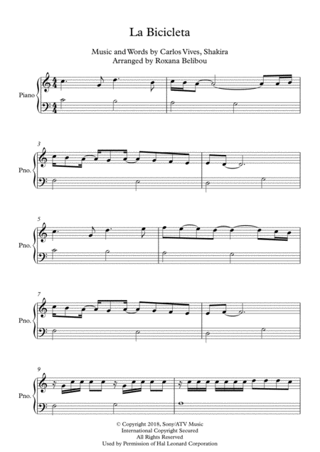 La Bicicleta By Carlos Vives Feat Shakira Easy Piano Sheet Music