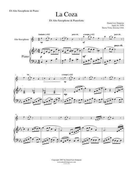 La Coza For Alto Saxophone Piano Sheet Music