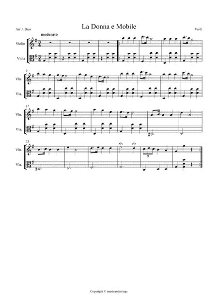 Free Sheet Music La Donna E Mobile Arranged For String Duo String Duet Violin And Viola