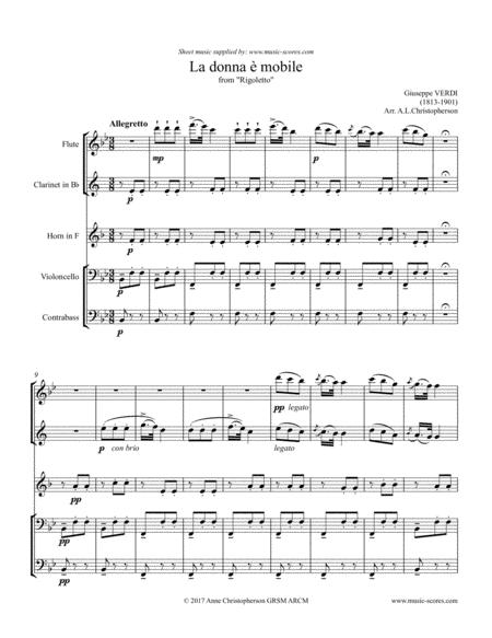 Free Sheet Music La Donna E Mobile Flute Clarinet French Horn Cello Contrabass