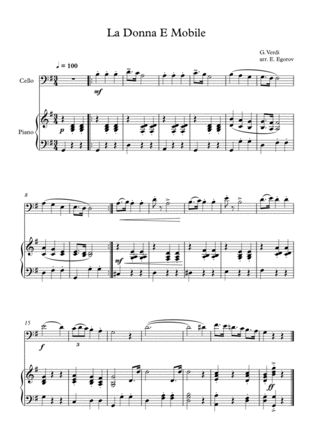 Free Sheet Music La Donna E Mobile Giuseppe Verdi For Cello Piano