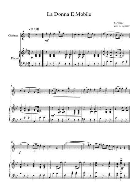 Free Sheet Music La Donna E Mobile Giuseppe Verdi For Clarinet Piano