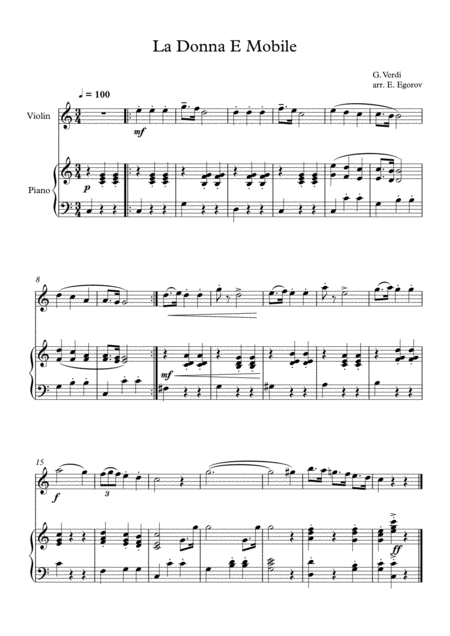 Free Sheet Music La Donna E Mobile Giuseppe Verdi For Violin Piano