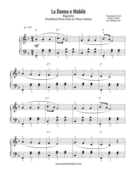 La Donna E Mobile Simplified Piano Solo Sheet Music