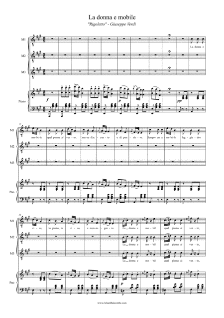 La Donna E Mobile Three Part Harmony And Piano Part For Three Tenors Sheet Music