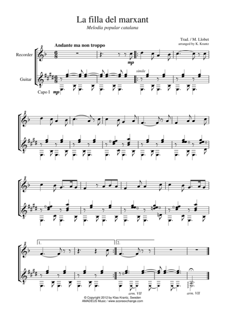 Free Sheet Music La Filla De Marxant For Descant Recorder And Guitar