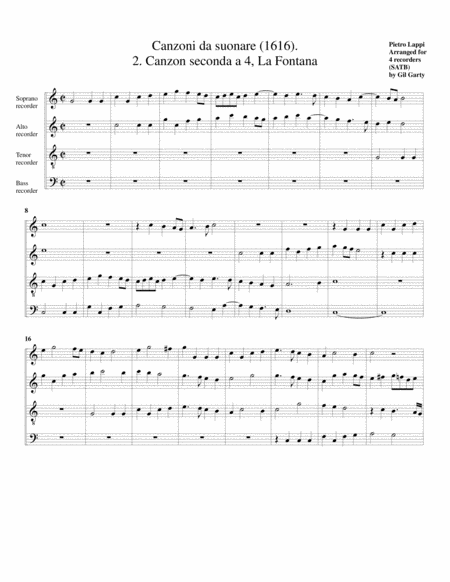 Free Sheet Music La Fontana A4 Canzoni Da Suonare 1616 No 2 Arrangement For 4 Recorders