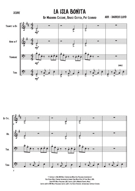 Free Sheet Music La Isla Bonita Brass Quartet