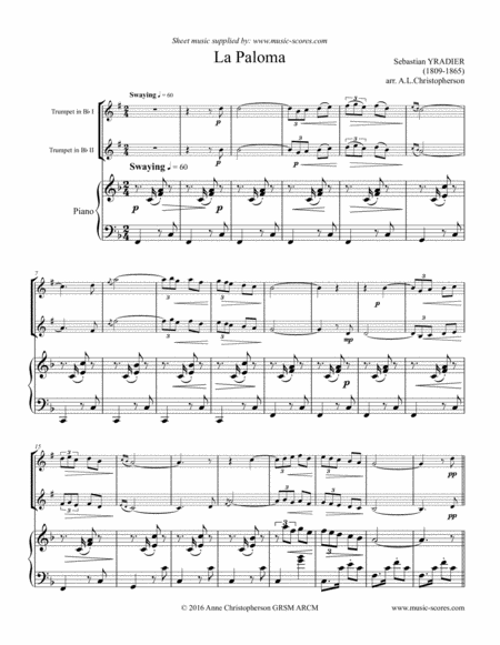 La Paloma 2 Trumpets And Piano Sheet Music