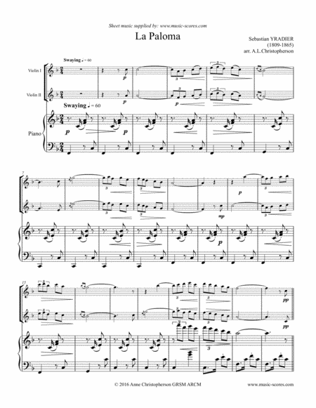 La Paloma 2 Violins And Piano Sheet Music