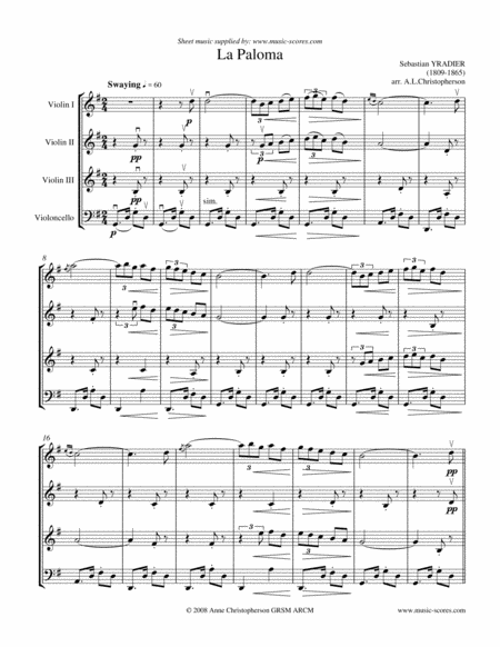 La Paloma 3 Violins And Cello Sheet Music