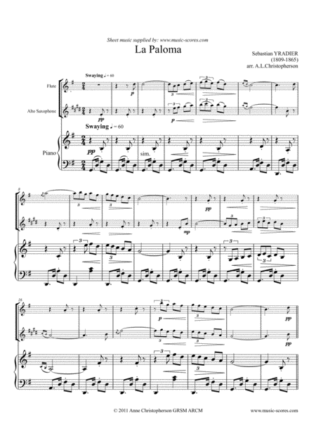 Free Sheet Music La Paloma Flute Alto Sax And Piano