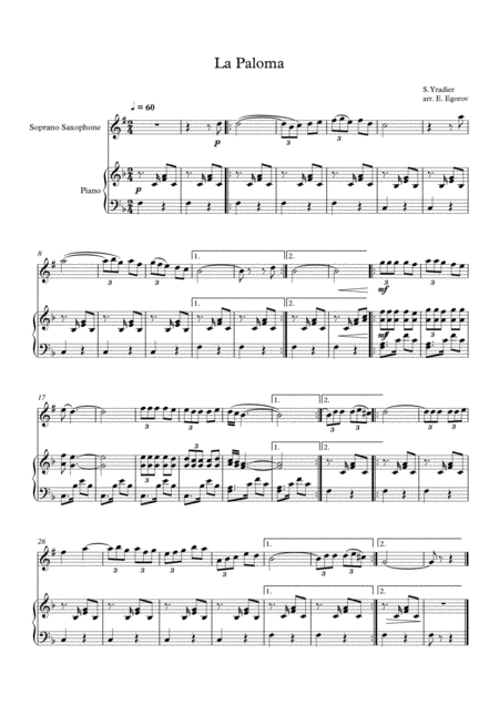 La Paloma Sebastian Yradier For Soprano Saxophone Piano Sheet Music