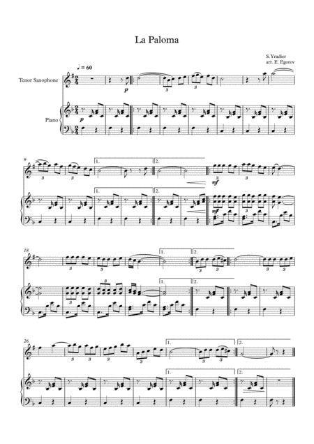 Free Sheet Music La Paloma Sebastian Yradier For Tenor Saxophone Piano