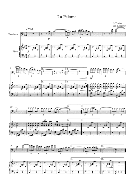 La Paloma Sebastian Yradier For Trombone Piano Sheet Music