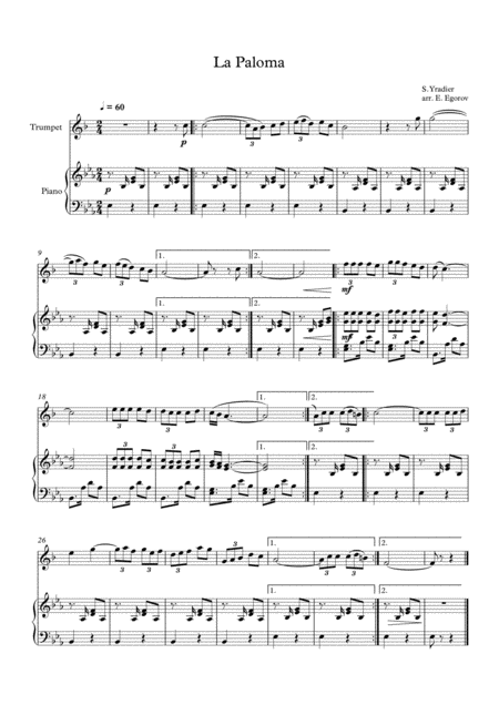 La Paloma Sebastian Yradier For Trumpet Piano Sheet Music