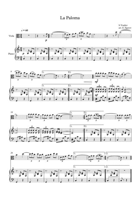 La Paloma Sebastian Yradier For Viola Piano Sheet Music