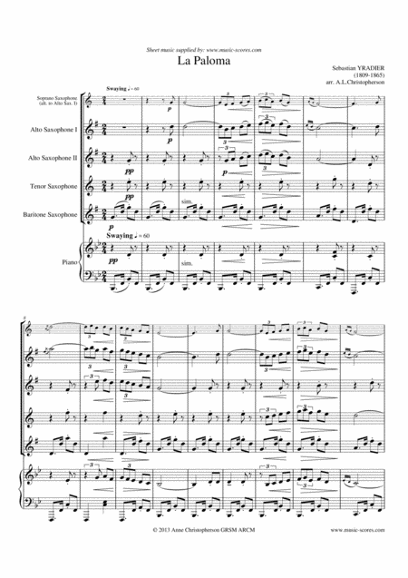 La Paloma Soprano And Alto Saxes Or 2 Altos Tenor Sax Baritone Sax And Piano Sheet Music