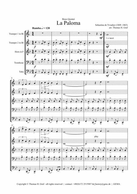 La Paloma Spanish Habanera Brass Quintet Sheet Music