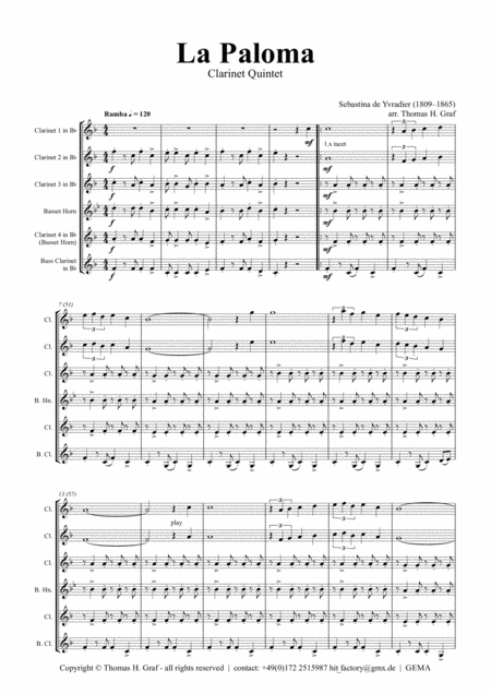 Free Sheet Music La Paloma Spanish Habanera Clarinet Quintet