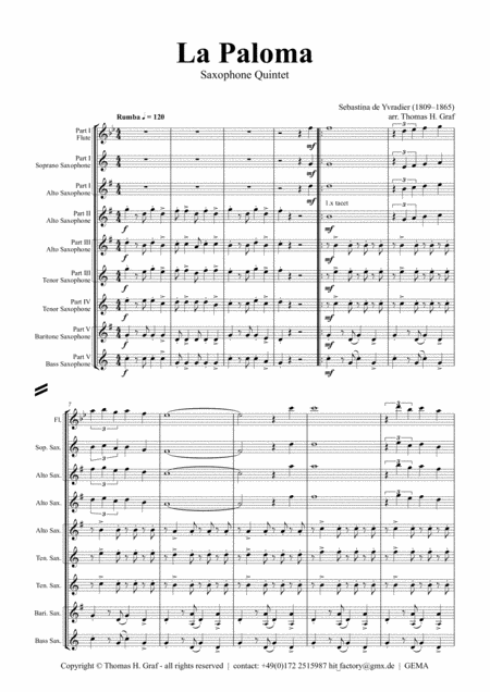 La Paloma Spanish Habanera Saxophone Quintet Sheet Music