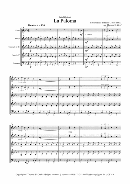 Free Sheet Music La Paloma Spanish Habanera Wind Quintet