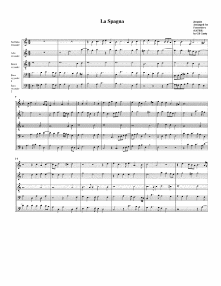 Free Sheet Music La Spagna Arrangement For 5 Recorders