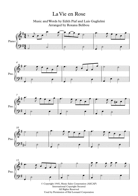 Free Sheet Music La Vie En Rose By Edith Piaf Easy Piano