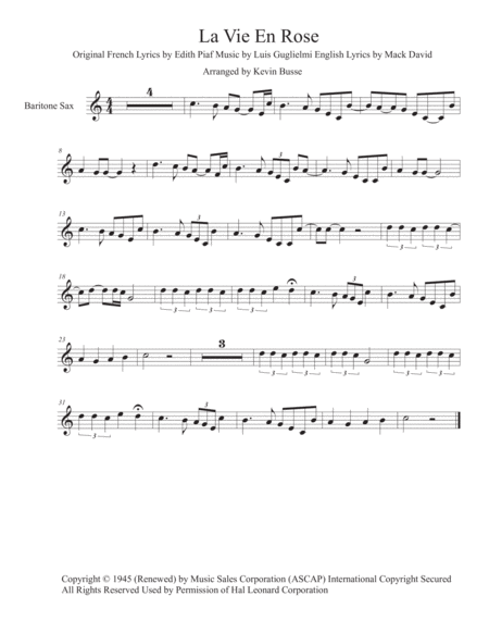 La Vie En Rose Easy Key Of C Bari Sax Sheet Music