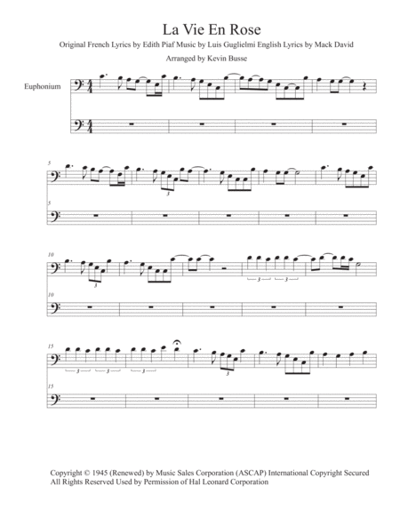 La Vie En Rose Easy Key Of C Euphonium Sheet Music