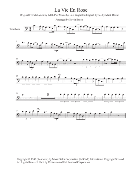 La Vie En Rose Easy Key Of C Trombone Sheet Music