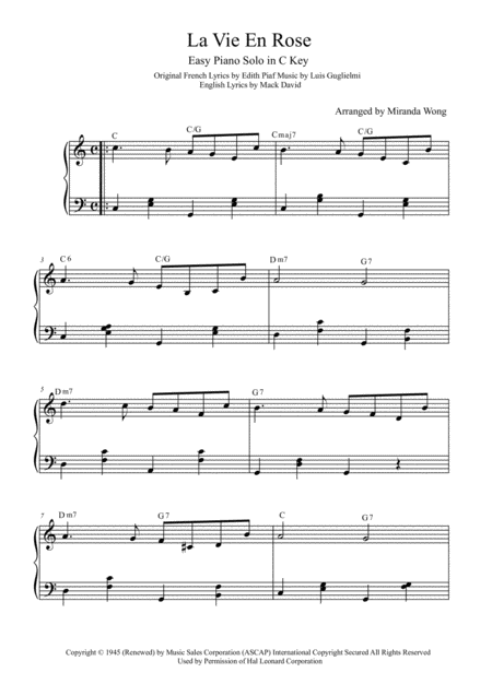 La Vie En Rose Easy Piano Solo In C Key With Chords Sheet Music