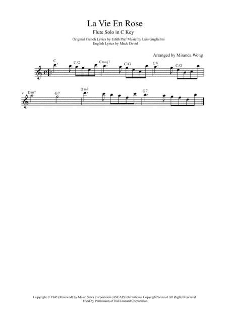 Free Sheet Music La Vie En Rose Flute And Piano With Piano Acccompaniment Part