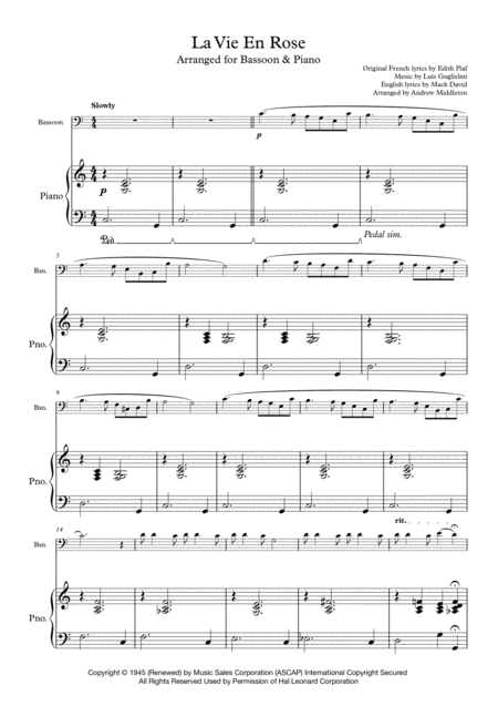 Free Sheet Music La Vie En Rose For Bassoon And Piano