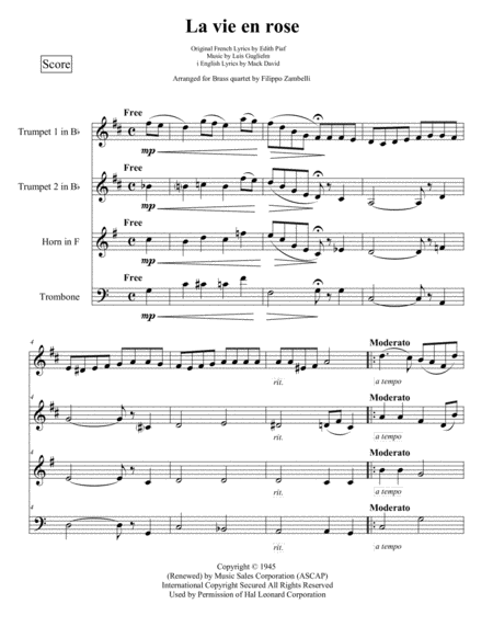 La Vie En Rose For Brass Quartet Sheet Music