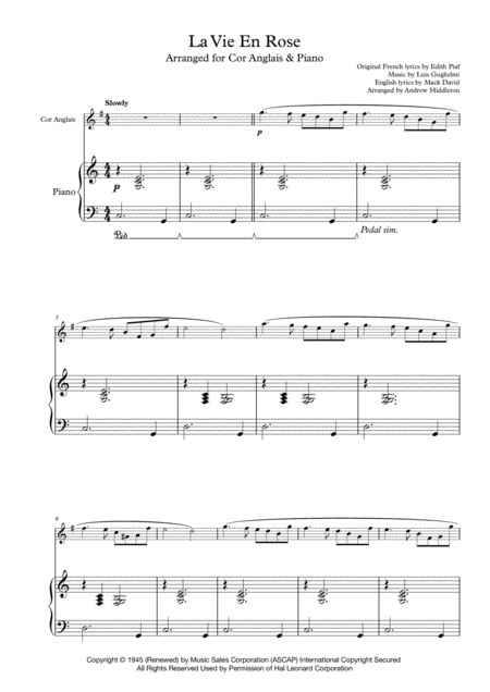 La Vie En Rose For Cor Anglais And Piano Sheet Music