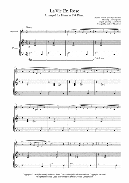 La Vie En Rose For Horn In F And Piano Sheet Music