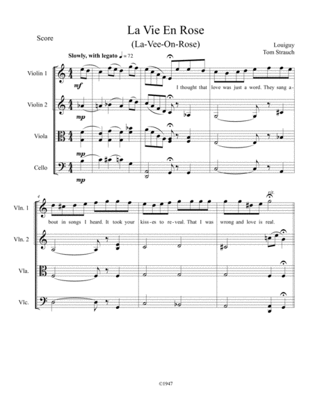 La Vie En Rose For String Quartet Intermediate Advanced Includes English Lyrics In 1st Violin Sheet Music