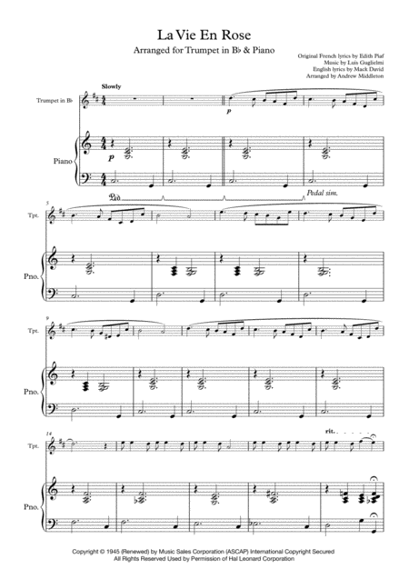 La Vie En Rose For Trumpet And Piano Sheet Music