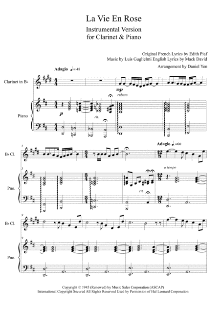 La Vie En Rose Instrumental Version For Clarinet Piano Sheet Music