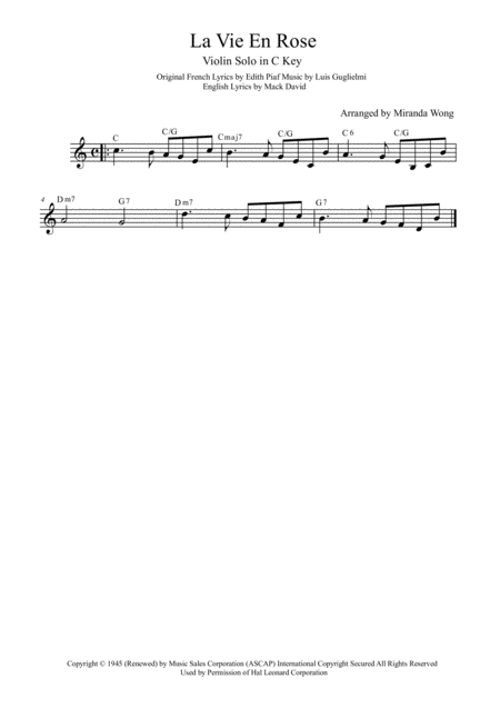 Free Sheet Music La Vie En Rose Lead Sheet For Cello And Piano