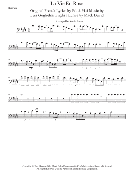 La Vie En Rose Original Key Bassoon Sheet Music