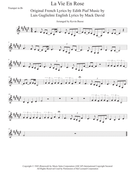 La Vie En Rose Original Key Trumpet Sheet Music