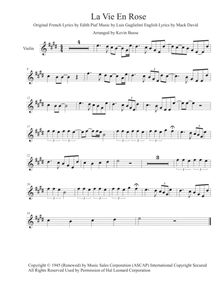 La Vie En Rose Original Key Violin Sheet Music