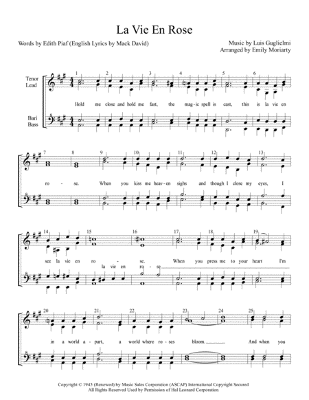 La Vie En Rose Womens Barbershop Chorus Sheet Music