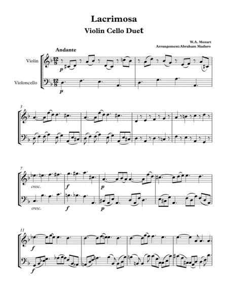 Lacrimosa From Mozarts Requiem Violin Cello Duet Sheet Music