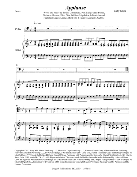 Free Sheet Music Lady Gaga Applause For Cello And Piano