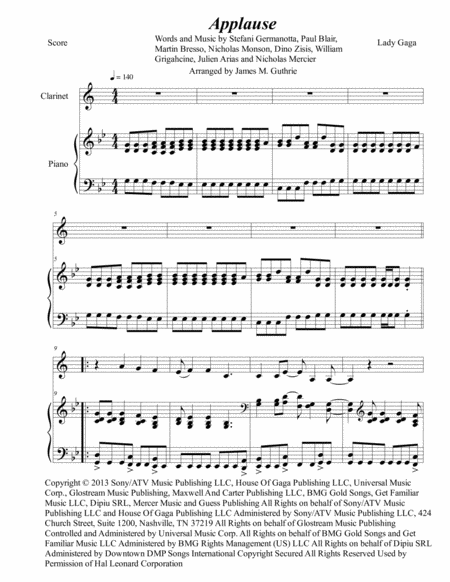 Lady Gaga Applause For Clarinet Piano Sheet Music
