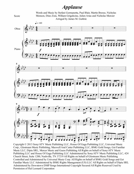 Free Sheet Music Lady Gaga Applause For Oboe Piano