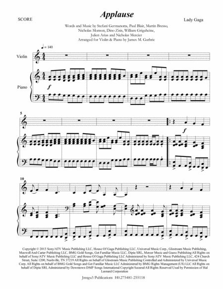 Free Sheet Music Lady Gaga Applause For Violin Piano